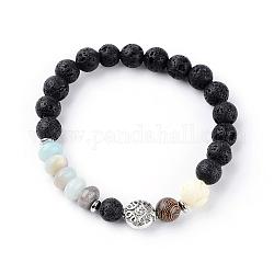 Natural Lava Rock Beads Stretch Bracelets, with Tibetan Style Alloy Beads, Wood Beads, Synthetic Coral Beads and Brass Findings, 2-1/8 inch(53mm)