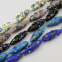 Handgefertigt Murano holprigen Reis Perlen Stränge, mit Blumenmuster, Mischfarbe, 40~45x13~15 mm, Bohrung: 2 mm, ca. 7 Stk. / Strang, 12 Zoll