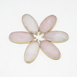 Gros pendentifs en quartz rose naturel, ovale, avec les accessoires en laiton de tonalité d'or, 52~56x24~26x4~6mm, Trou: 2mm