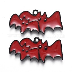 Colgantes de esmalte de aleación de tema de halloween, murciélago rojo, electroforesis negro, 13x27.5x1.5mm, agujero: 1.6 mm