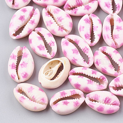 Bedruckte Kaurimuschel Perlen, kein Loch / ungekratzt, Stern-Muster, neon rosa , 20~26x13~18x5~7 mm