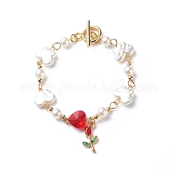 Bracelet à breloques en alliage d'émail rose de vie, bracelet en perles de verre et plastique papillon et coeur pour la saint valentin, rouge, 7-1/2 pouce (18.9 cm)