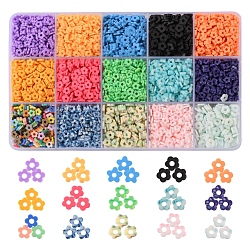 97.5g 15 couleurs ensemble de perles en argile polymère faites à la main, fleur, couleur mixte, 4~6x4~6x1~1.5mm, Trou: 2mm, 6.5 g / couleur
