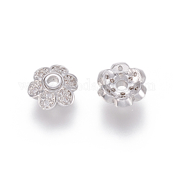 Capuchons de perles fantaisie en laiton micro pavé zircone cubique, 6 pétales, fleur, clair, platine, 8x3mm, Trou: 1.7mm
