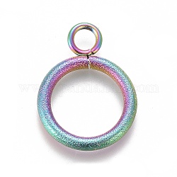 Ion Plating(IP) 304 Stainless Steel Toggle Clasps Parts, Textured, Ring, Rainbow Color, 19x14x2mm, Hole: 3mm