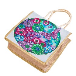 Kits de pintura de diamante de bolso de lino diy, manualidad de bolsa de compras reutilizable, patrón de flores, bolso: 260x260x110 mm