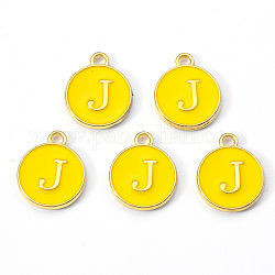 Breloques en émail d'alliage plaqué or, paillettes émaillées, plat rond avec la lettre, or, letter.j, 14x12x2mm, Trou: 1.5mm