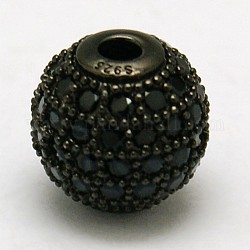 Perles rondes en 925 argent sterling, avec micro ouvrent la zircone cubique, gunmetal, 10mm, Trou: 2mm
