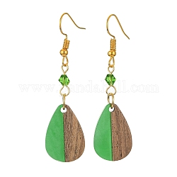Boucles d'oreilles pendantes en résine et bois de noyer, boucles d'oreilles longues en perles de verre avec épingles en fer, verte, 54x14.5mm