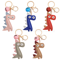 CHGCRAFT 5Pcs 5 Colors Cartoon Cute Bell Dinosaur Keychain, PU Leather Bag Pendant Car Key Ring Hanging Decoration Accessories, Mixed Color, 13.3cm, 1pc/color
