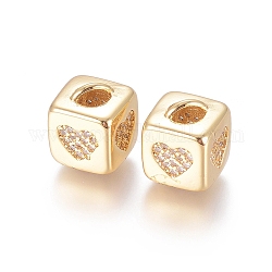 Perles de zircone cubique micro pave en Laiton, Plaqué longue durée, cube avec motif de coeur, or, clair, or, 10x8x8.5mm, trou: 1.5x3.5 mm et 4 mm