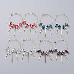 316L Surgical Stainless Steel Hoop Earring, with teardrop, Glass Beads, Round Glass Seed Beads and Brass Bar Links, Golden, Mixed Color, 64mm, Pin: 0.7mm