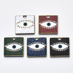 Printed Alloy Pendants, with Enamel, Cadmium Free & Lead Free, Square with Evil Eye, Antique Bronze, Mixed Color, 25x25x3mm, Hole: 3x2mm