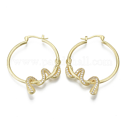 Brass Micro Pave Cubic Zirconia Hoop Earrings, Nickel Free, Snake, Real 16K Gold Plated, Clear, 45.5x37x4mm, Pin: 1mm