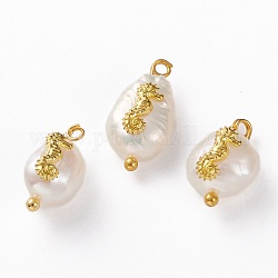 Pendentifs naturels de perles de keshi, avec cabochons en alliage et boucles en laiton, pépites avec hippocampe, or, 13~16x8~9x5~8mm, Trou: 2mm
