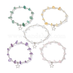 Natural Mixed Gemstone Chip & Iron Beaded Stretch Bracelets, with Alloy Star Charms, Inner Diameter: 2-1/8 inch(5.4cm)