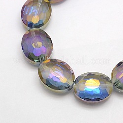 Placchi sfaccettato perle ovali cristallo fili, colore arcobaleno placcato, medio orchidea, 20x16x8mm, Foro: 1 mm, circa 35pcs/filo, 27.5 pollice