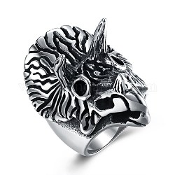 Anelli da dito da uomo in acciaio inossidabile, anello di banda larga, triceratopo, formato 9, argento antico, 18.9mm