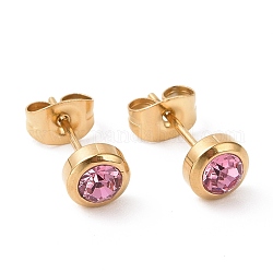Aretes de columna con strass, 304 joyería de acero inoxidable chapada en oro para mujer., rosa luz, 15x6mm, pin: 0.8 mm