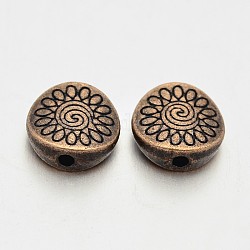 Tibetischer stil legierung perlen, Cadmiumfrei und Nickel frei und Bleifrei, flach rund mit Blume, Rotkupfer, 8.5x8.5x3.5 mm, Bohrung: 1.5 mm