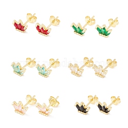 Brass Micro Pave Cubic Zirconia Stud Earring, Real 18K Gold Plated, Flower, Mixed Color, 6x8.5mm, Pin: 1mm