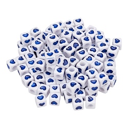 Perle europee acriliche bianche opache, perline con foro grande, cubo con il cuore del modello, blu, 7x7x7mm, Foro: 4 mm, 100pcs/scatola