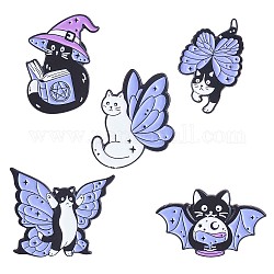 5Pcs 5 Style Magic Wizard Cat Enamel Pins, Electrophoresis Black Alloy Cartoon Brooches for Backpacks Clothes Hats, Cornflower Blue, 18.7~30x22~30mm, 1Pc/style