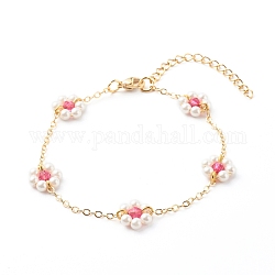 Perles de coquillage et perles acryliques bracelets à maillons de fleurs, avec des chaînes de câble en laiton, or, support violet rouge, 2mm, 7-1/4 pouce (18.4 cm)