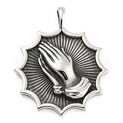 316L Surgical Stainless Steel Pendants, Flower with Praying Hands Charm, Antique Silver, 42x35x7mm, Hole: 6x4.5mm