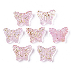 Transparent Spray Painted Glass Beads, with Golden Foil, Butterfly, Pink, 12.5x15.5x5mm, Hole: 1mm