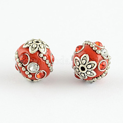 Handmade Indonesia Beads, with Alloy Cores, Round, Antique Silver, Orange Red, 15x14x14mm, Hole: 2mm