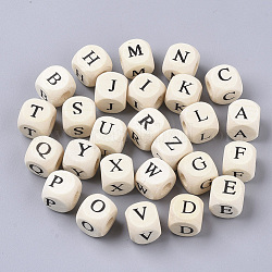 Perle di legno naturale stampate, foro orizzontale, cubo con lettera iniziale, papayawhip, lettere miste casuali, 10x10x10mm, Foro: 3.5 mm