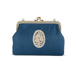 SHEGRACE Cotton and Linen Women Evening Bag, with Embroidered Lace Rose Flowers, Alloy Flower Purse Frame Handle, Alloy Twisted Curb Chain, Marine Blue, 180x220x60mm