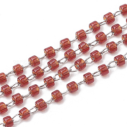 TOHO Japan Import Seed Beads, Handmade Glass Beaded Chains, Soldered, with Stainless Steel Findings, Transparent, Column, Stainless Steel Color, Red, 2mm, about 26.24 Feet(8m)/strand