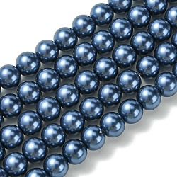 Fili di perle rotonde di perle di vetro tinto ecologico, cavetto in cotone filettato, blu notte, 8mm, Foro: 0.7~1.1 mm, circa 52pcs/filo, 15 pollice