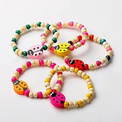 Dehnbar Holz Armbänder für Kinder, Kindertagsgeschenke, Marienkäfer mit gelegentlicher Farbe Perlen, Mischfarbe, 45 mm