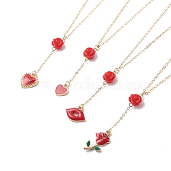Alloy Enamel Charm & Rose Beads Lariat Necklace, Valentine Theme 304 Stainless Steel Jewelry for Women, Red, 15.94~16.06 inch(40.5~40.8cm)