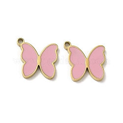 Ion Plating(IP) 316L Surgical Stainless Steel Charms, with Enamel, Real 18K Gold Plated, Butterfly Charm, Pink, 12x11.5x1.5mm, Hole: 1.4mm