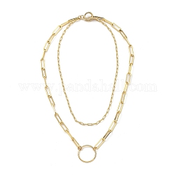 Brass Paperclip Chain Double Layer Necklaces, with 304 Stainless Steel Toggle Clasps, Ring, Golden, 13.97 inch(35.5cm)