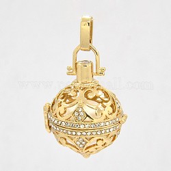 Golden Tone Brass Rhinestone Hollow Round Cage Pendants, Chime Ball Pendants, with No Hole Spray Painted Brass Round Ball Beads, White, 33x27x25mm, Hole: 3x8mm