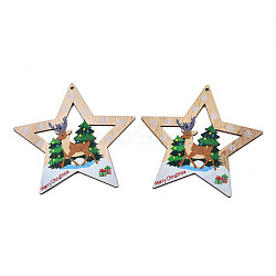 Ciondoli grandi in legno stampati su un lato a tema natalizio, stella con renna/cervo, verde, 105x109x2.5mm, Foro: 2.5 mm