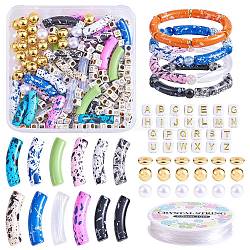 Kit de fabrication de gros bracelets bricolage, y compris un tube incurvé en acrylique et des perles de lettre, perles en plastique et perles en laiton, fil élastique, couleur mixte, perles: 232 pièces / ensemble