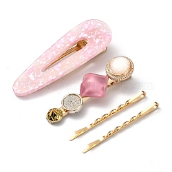 Iron Alligator Hair Clips Sets, with Cellulose Acetate(Resin), Teardrop & Flat Round and Rhombus, Golden, Hot Pink, 55~69x5~23.5x2~16mm, 4pcs/set