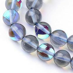 Pietre moon sintetiche perline fili, perle olografiche, tinto, tondo, grigio, 10mm, Foro: 1 mm, circa 36~39pcs/filo, 14~15 pollice