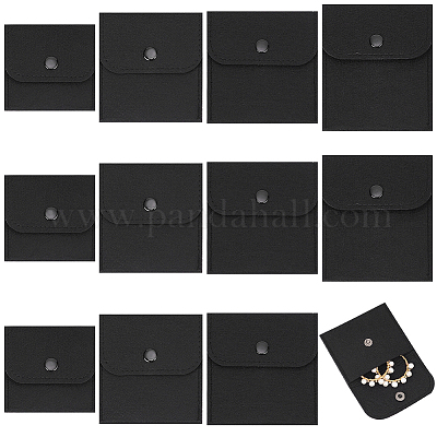 PandaHall Elite 12Pcs 4 Style Felt Jewelry Storage Bags, with Snap Buttons,  Black, 7.5~11.5x7.5~10x0.85~0.95cm, 3pcs/style