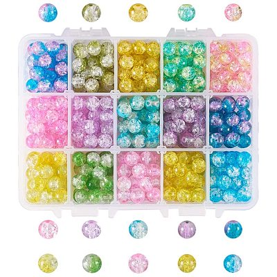Lavender Garden Mixed Crackle Glass & Glass Pearl Bead Sets, Round, Mixed  Color, 8~8.5x7.5~8mm, Hole: 1mm, about 19~20pcs/compartment, 190~200pcs/box