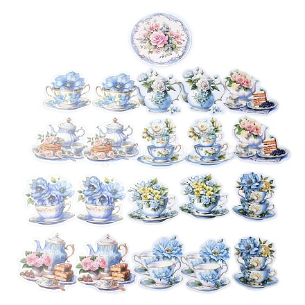 20 Uds. Taza de té de flores románticas y maceta pegatinas decorativas autoadhesivas de pvc impermeables STIC-P007-A04-1
