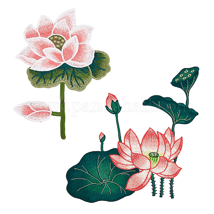 Nbeads 2Pcs 2 Style Lotus & Lotus Pod Pattern Polyester Fabrics Computerized Embroidery Cloth Sew on Appliques PATC-NB0001-12-1