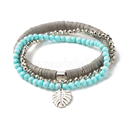 3 pièces 3 style fait à la main en argile polymère heishi & naturel howlite perlé bracelets extensibles sertis de charme de feuille pour les femmes BJEW-JB07589-1