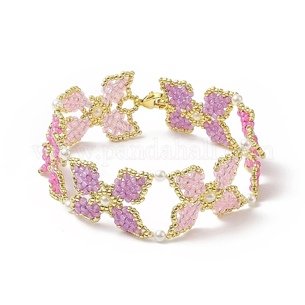 Bracelet fleur en perles de rocailles de verre avec perle coquillage ronde BJEW-MZ00007-1